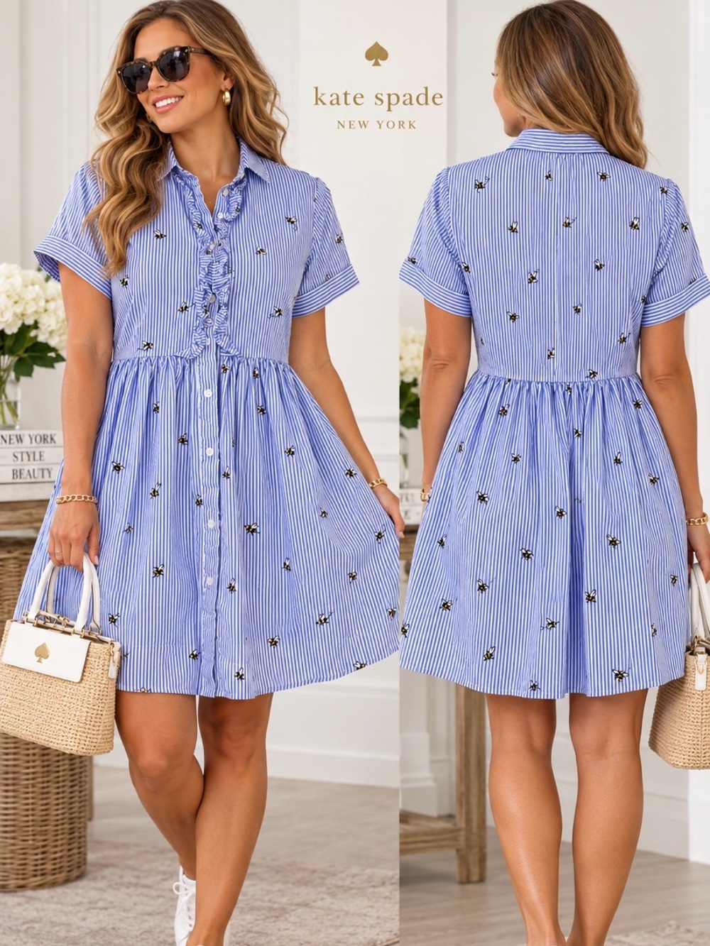 Kate Spade New York Blue & White Bee Print Ruffle Shirt Cotton Small Dress